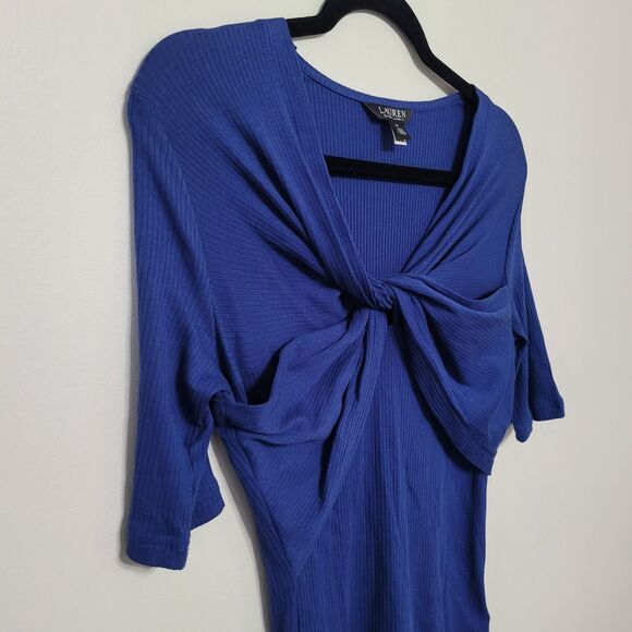 Lauren Ralph Lauren Navy Twist Front Ribbed Pullover Top Medium Professional - Picture 2 of 7